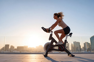 Woman cycling at sunset with city skyline, a Sports & Recreation Photo by AlyaAnd