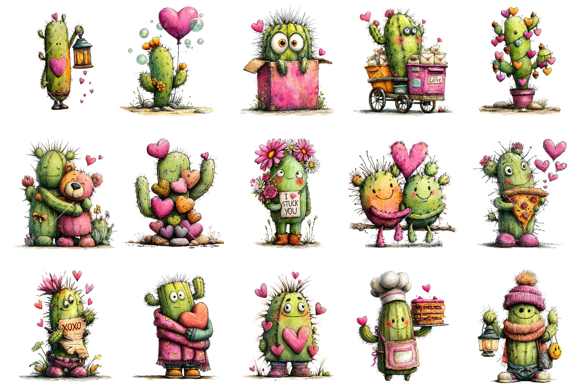 Whimsical Valentine Cactus Clipart, an Illustration by OK Design (Photo 3 of 6)