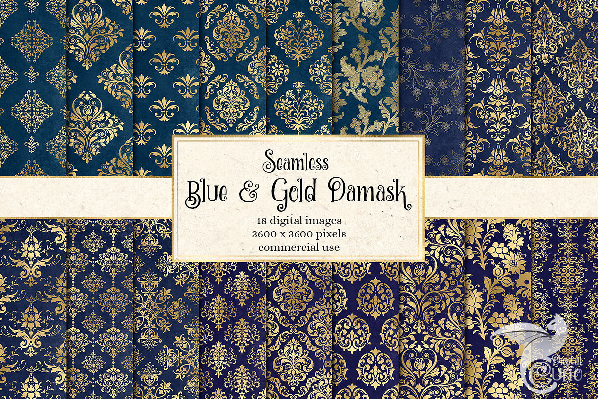 Blue and Gold Damask Digital Paper, a Pattern Graphic by Digital Curio