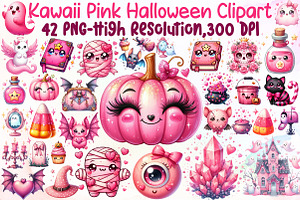 Kawaii Pink Halloween Clipart Bundle, an Illustration by Sublimation Artist