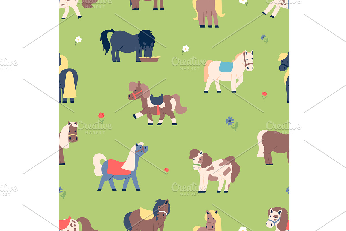 Funny flat pony on green meadow, an Illustration by LadadikArt
