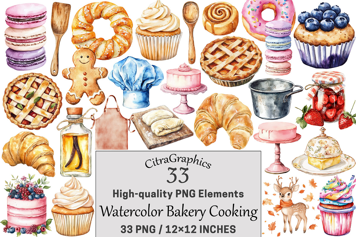 Watercolor Bakery Cooking Clipart, a Seasonal Illustration by CitraGraphics (Photo 1 of 5)