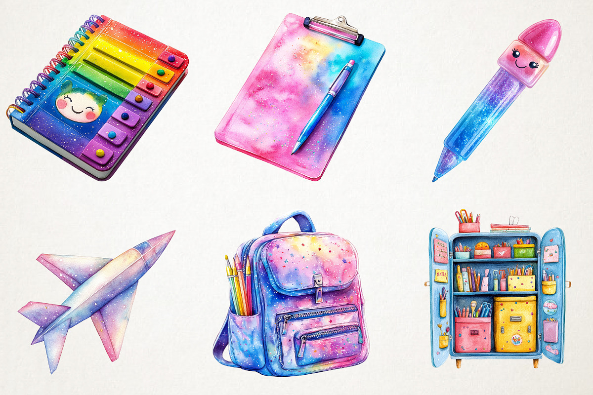 Kawaii Glitter School Clipart, an Illustration by RobertsArt (Photo 2 of 7)