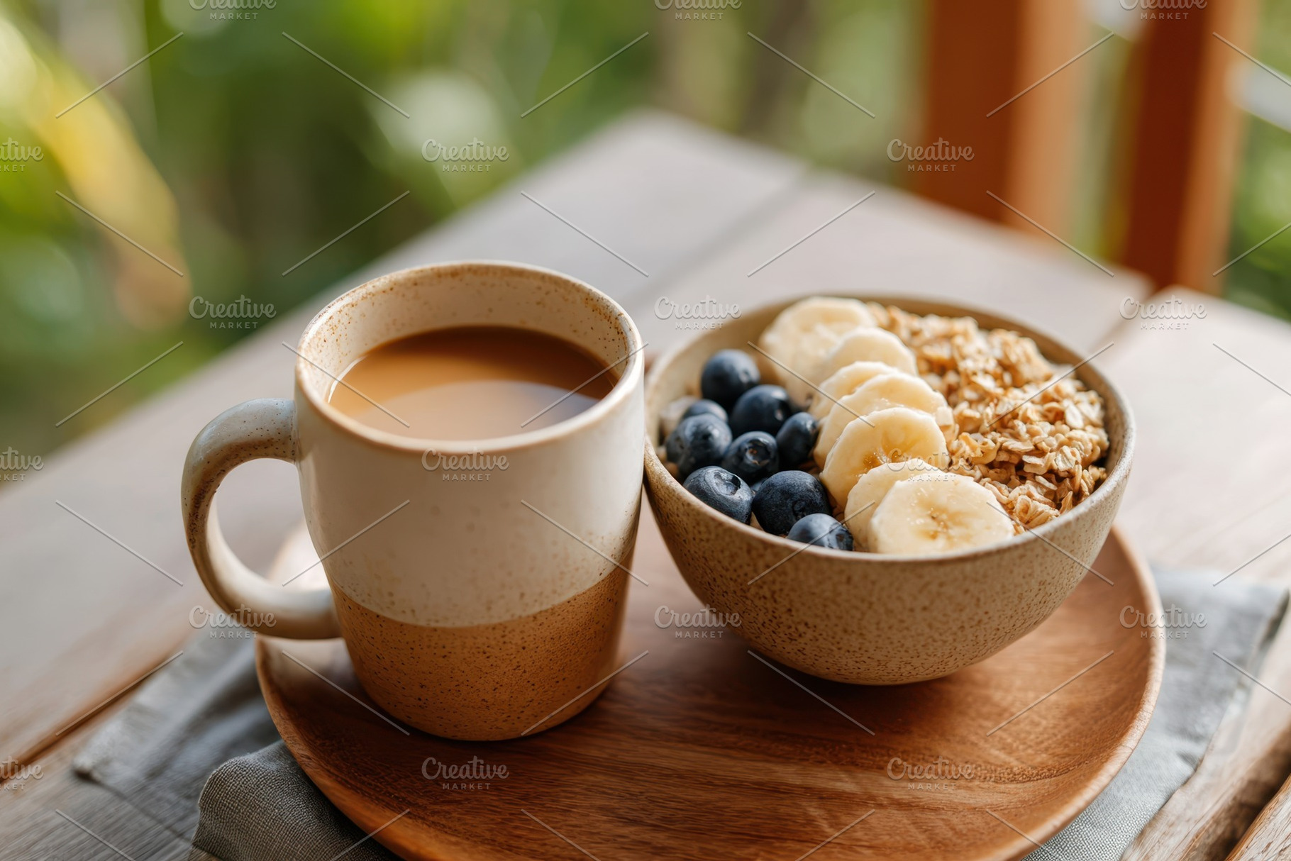 Cozy healthy breakfast with coffee and oatmeal, a Food & Drink Photo by AlyaAnd