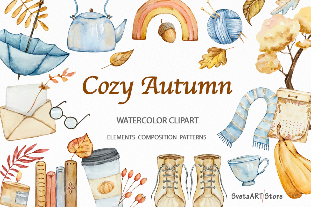 Watercolor Cozy Autumn Clipart, a Seasonal Illustration by SvetaArtStore (Photo 1 of 9)