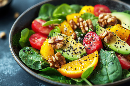A vibrant salad with fresh spinach,, a Background Photo by Pixeness
