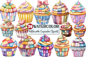 Patchwork Cupcake Clipart, an Illustration by Rose Art