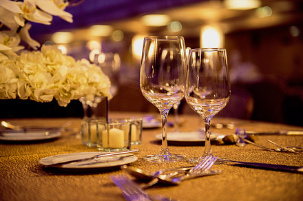 glasses and dishes set in restaurant, a Food & Drink Photo by New York Art Store