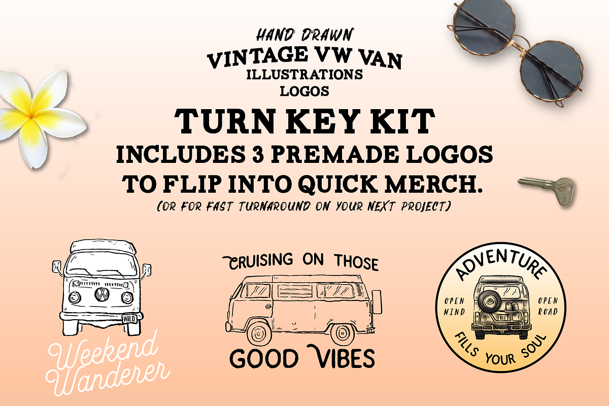 Hand Drawn Vintage VW Van Package, an Illustration by Walking_Designs (Photo 3 of 3)
