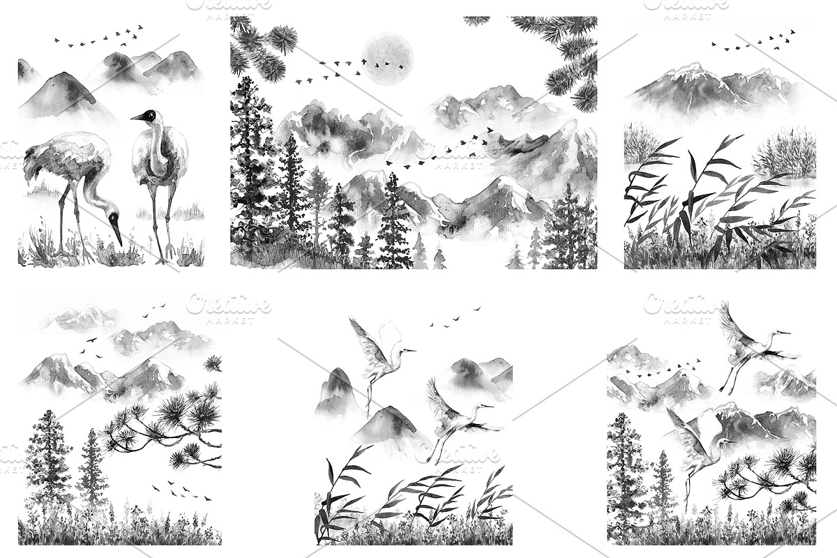 Serenity Landscape Ink Painting, a Decorative Illustration by Valentyna Smordova (Photo 3 of 5)