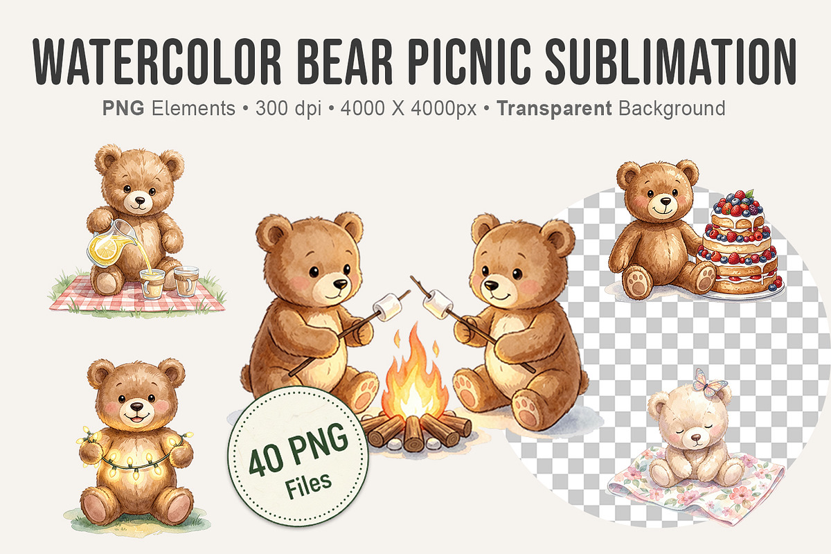 Watercolor Bear Picnic Sublimation, an Illustration by Artnoy (Photo 1 of 8)