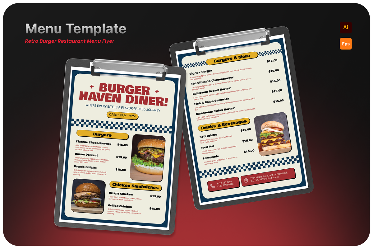 Retro Burger Restaurant Diner Menu, a Flyer Template by Annora Studio (Photo 1 of 7)