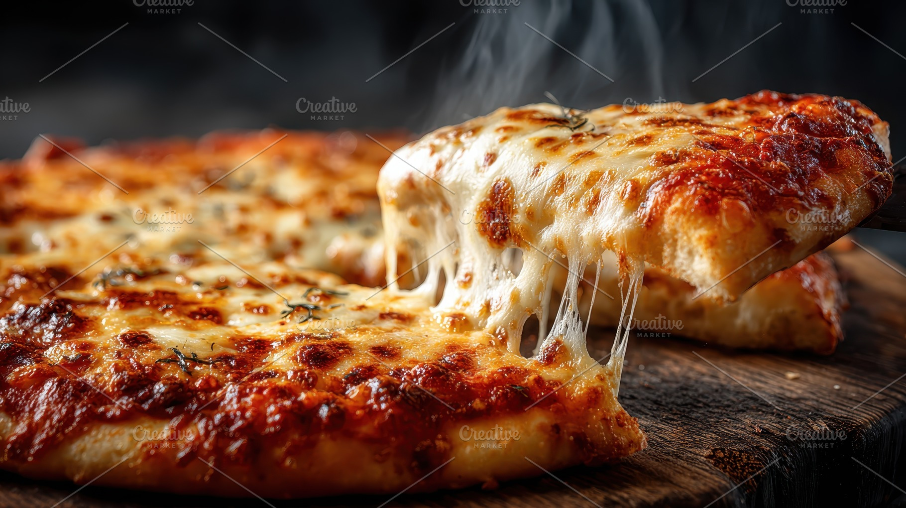 Delicious cheesy pizza slice lifted, a Photo by Pixeness Studio