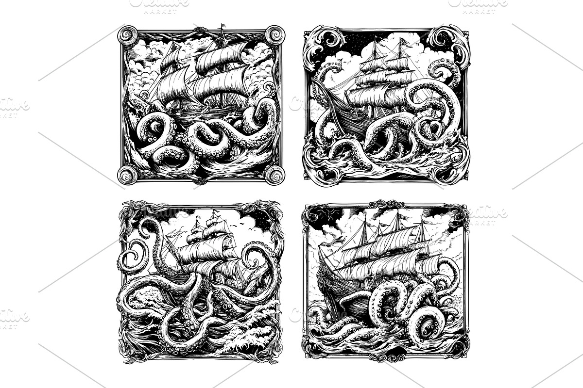 Kraken sinking sailboat stormy ocean, an Animal Illustration by Onyx