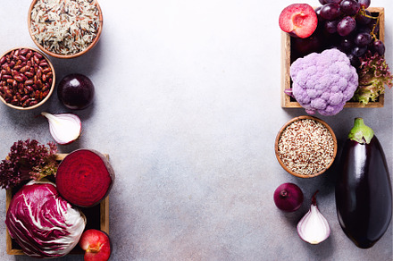 Purple vegetables, fruits on grey, a Food & Drink Photo by Enjoy Photo