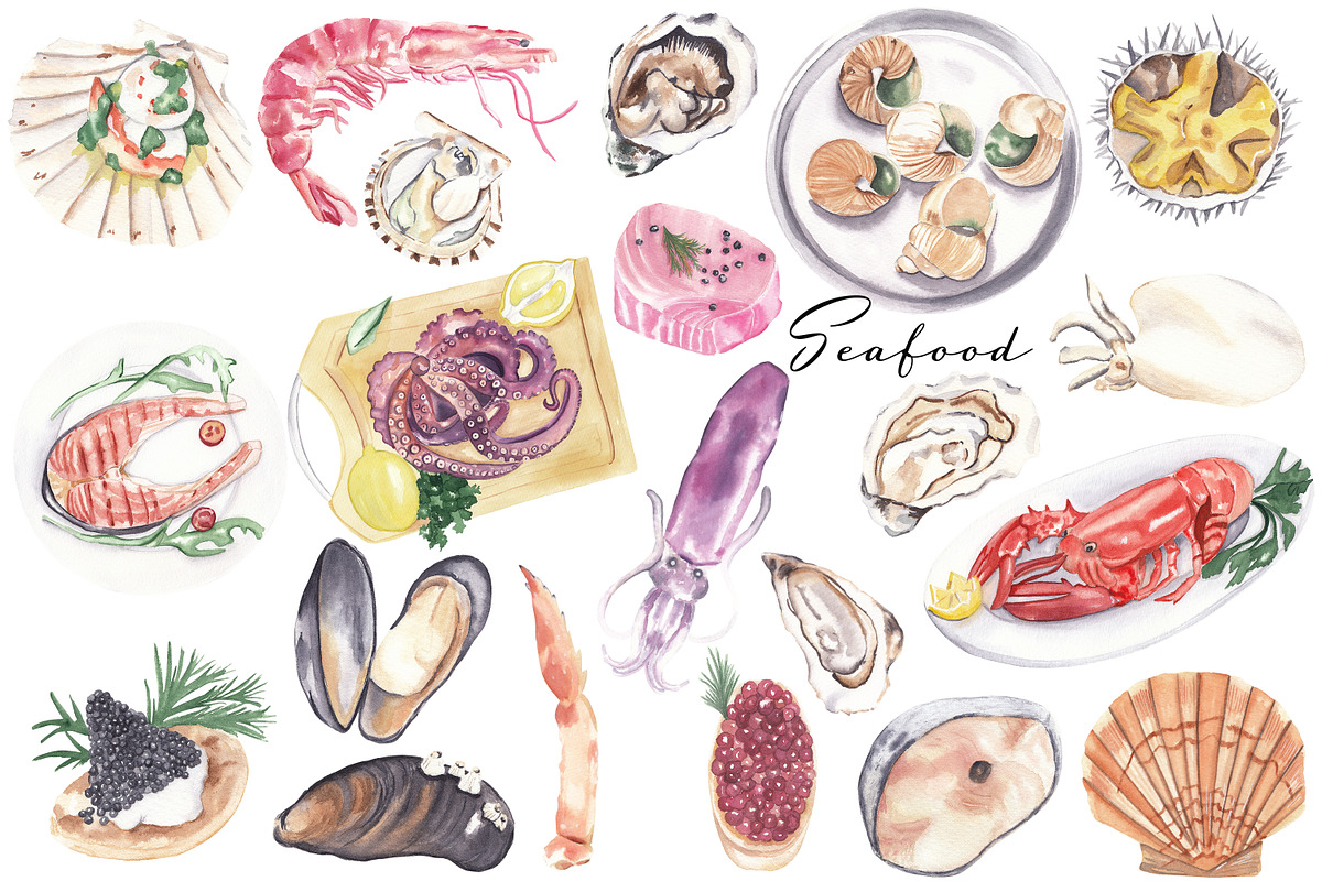 Watercolor seafood clipart, an Animal Illustration by Visual Animal (Photo 1 of 4)