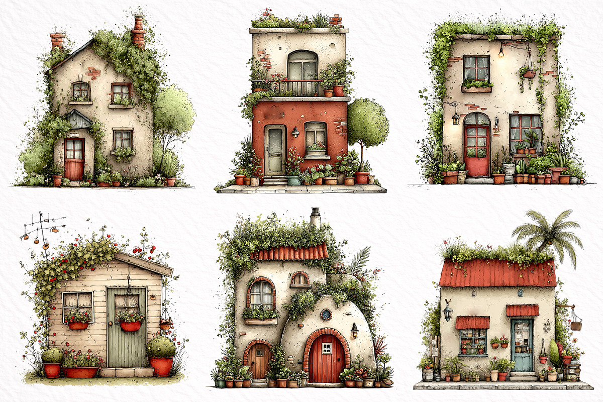 Green Summer Home Watercolor Clipart, an Illustration by DreamArtGraphic (Photo 2 of 8)