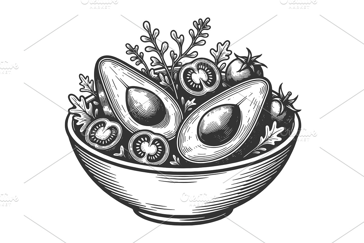Fresh Avocado Salad Bowl Vegetables, a Food Illustration by AlexArt