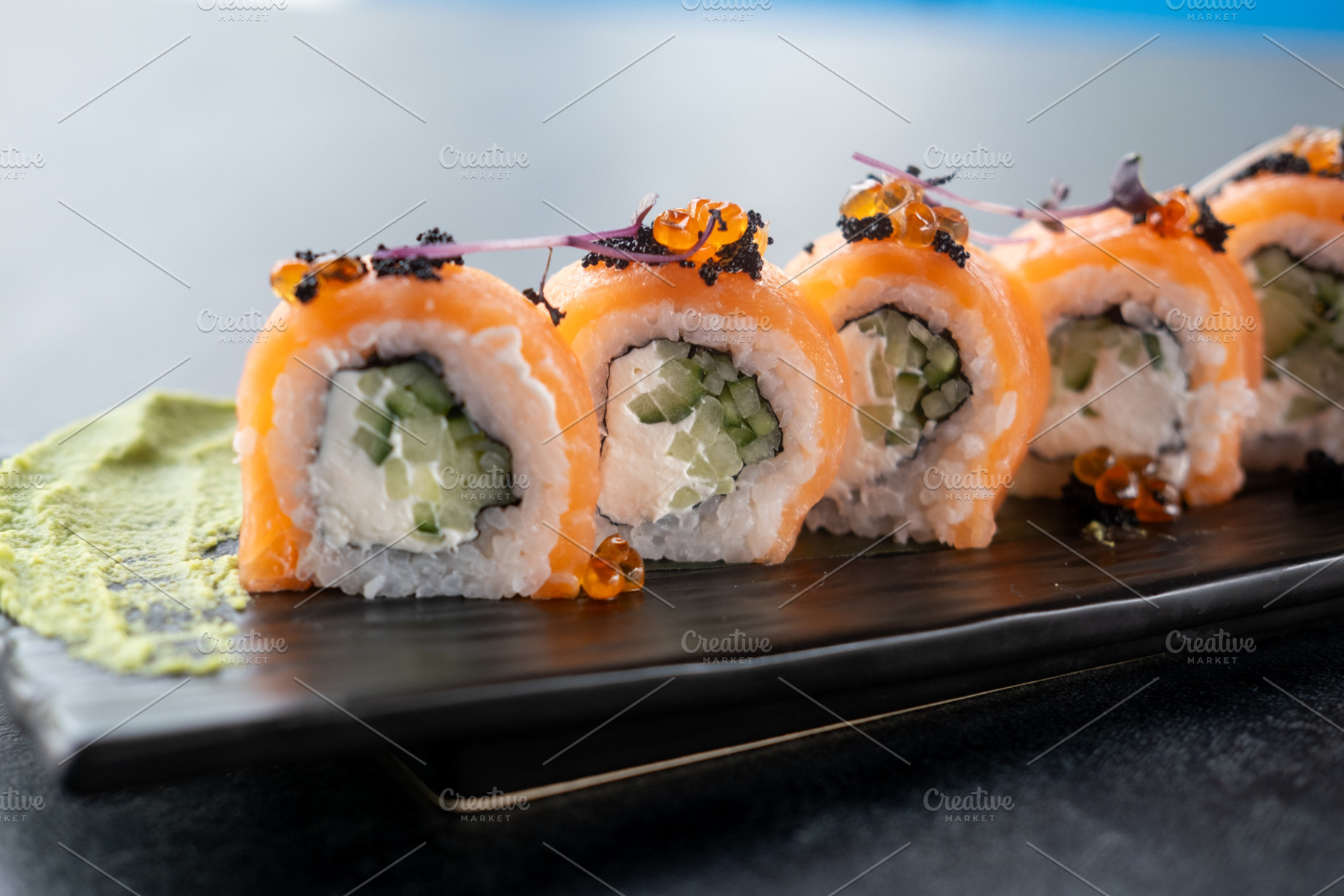 Served sushi asian cuisine roll salmon wasabi, a Food & Drink Photo by Photo Drive Studio