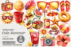 Watercolor Summer Clipart Bundle, an Illustration by Dream Creation