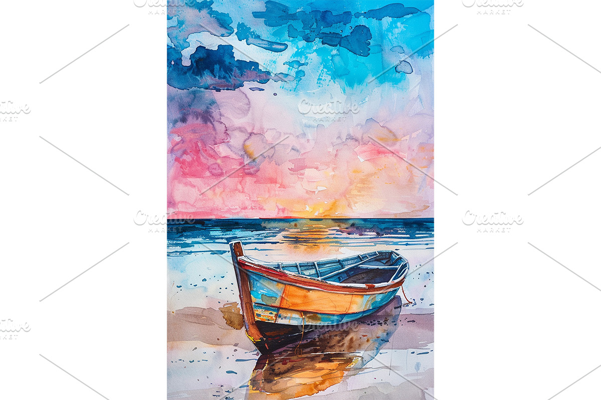Watercolor Art of Rowboat on Beach, a Decorative Illustration by Art Paradise Studios