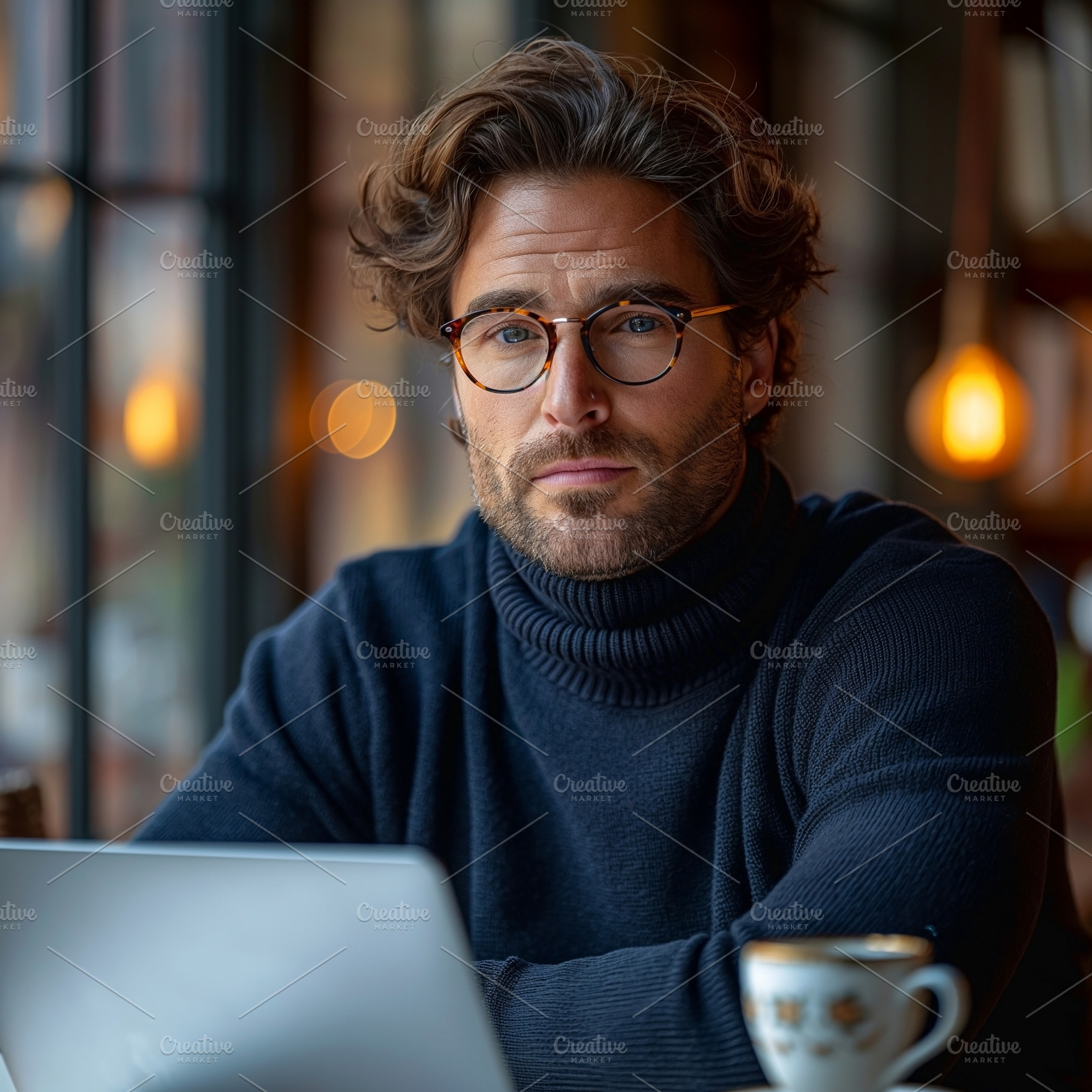 A pensive man with curly hair and glasses sits in a cozy café, focused on his, a Person Photo by ImageMir