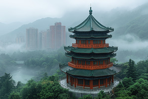 Historic pagoda stands amidst misty, a Photo by Tanuart