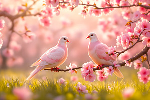 Doves Perched on a Cherry Blossom, a Nature Photo by Rafoz