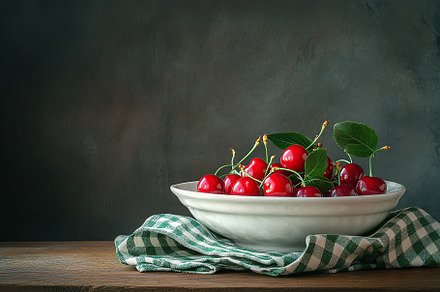 Ripe red cherries in a white ceramic bowl on a wooden table with, a Food & Drink Photo by AlyaAnd