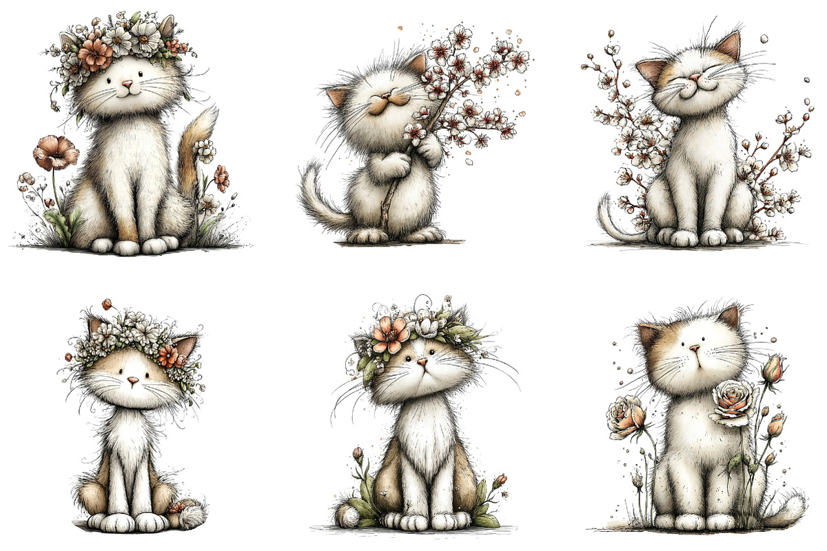 Spring Cat White Floral Clipart, an Illustration by CraftArtStudio (Photo 3 of 6)