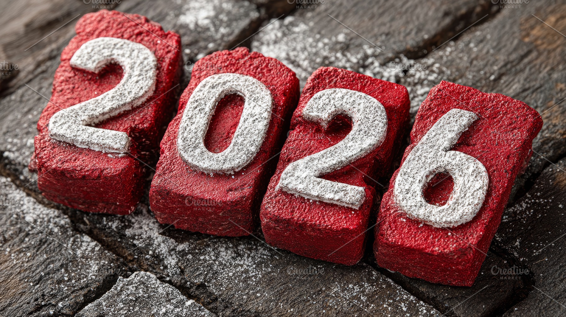 Red blocks forming 2026 text with powdered sugar on a rustic background, a Photo by AS photostudio