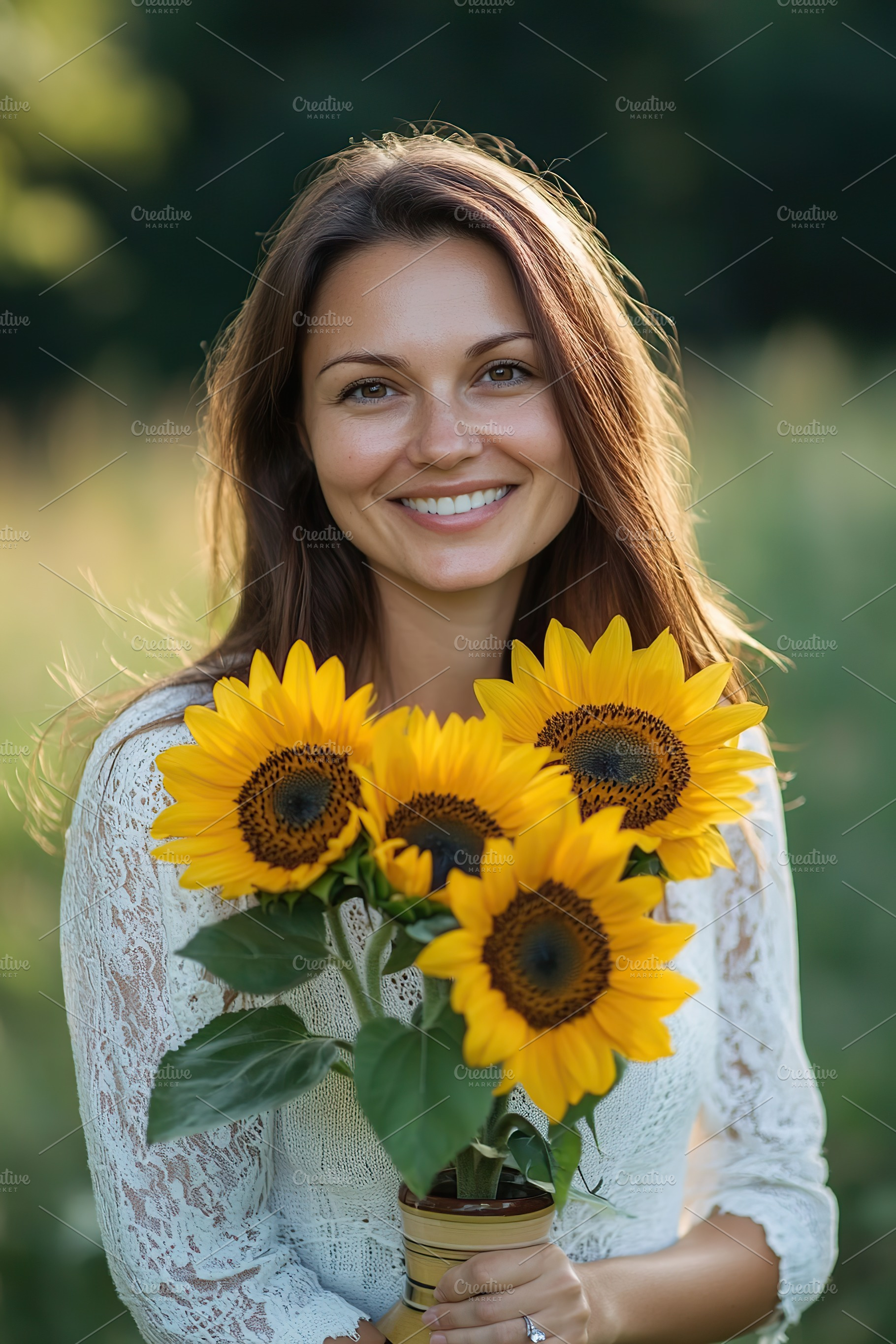 Woman smiling while holding sunflowers in a sunny field in summer, a Person Photo by AlyaAnd