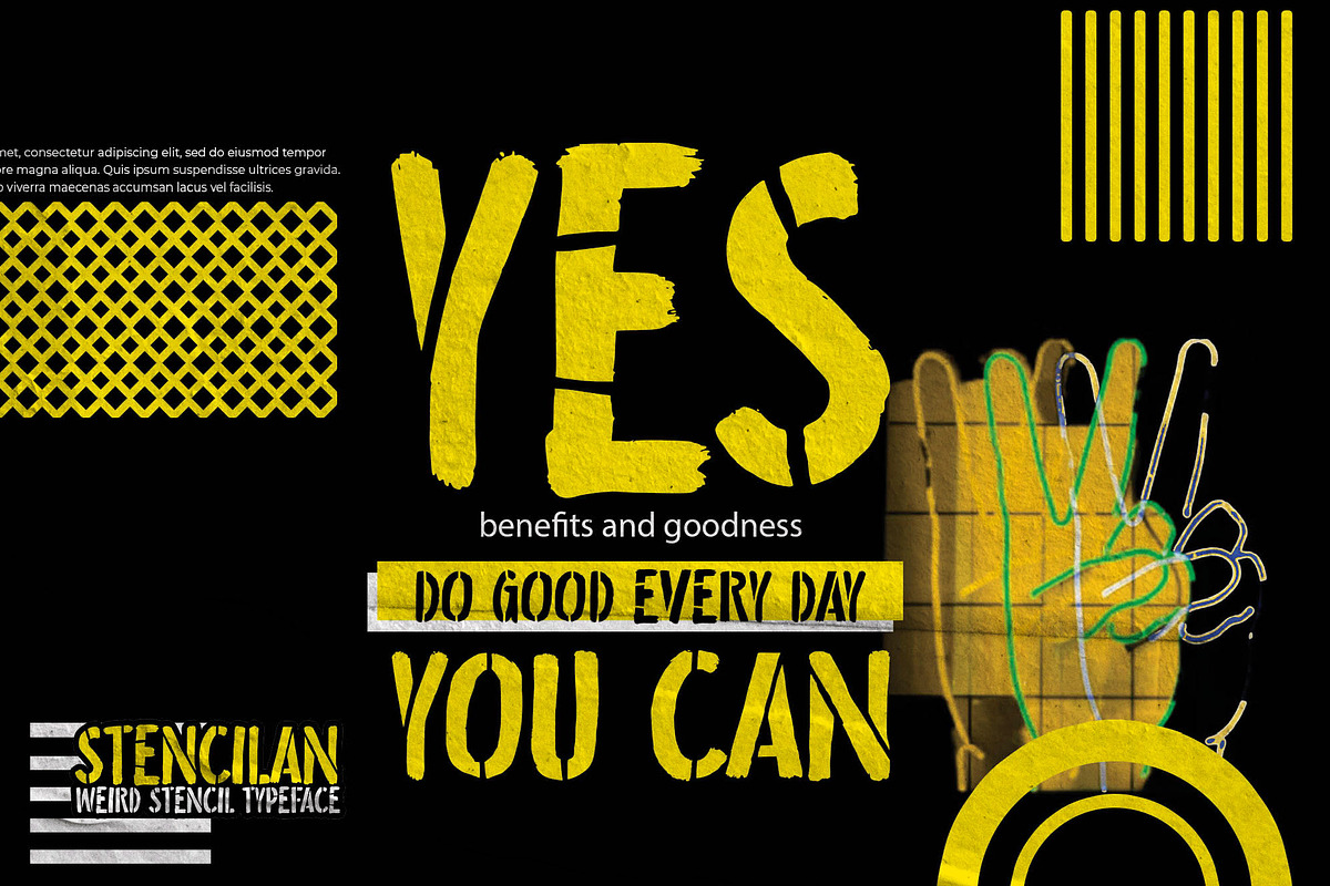 Stencilan – Weird Stencil Typeface, a Sans Serif Font by Almarkhatype (Photo 8 of 8)