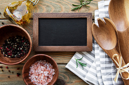 Empty chalk board and kitchen utensils, a Food & Drink Photo by Olena Rudo
