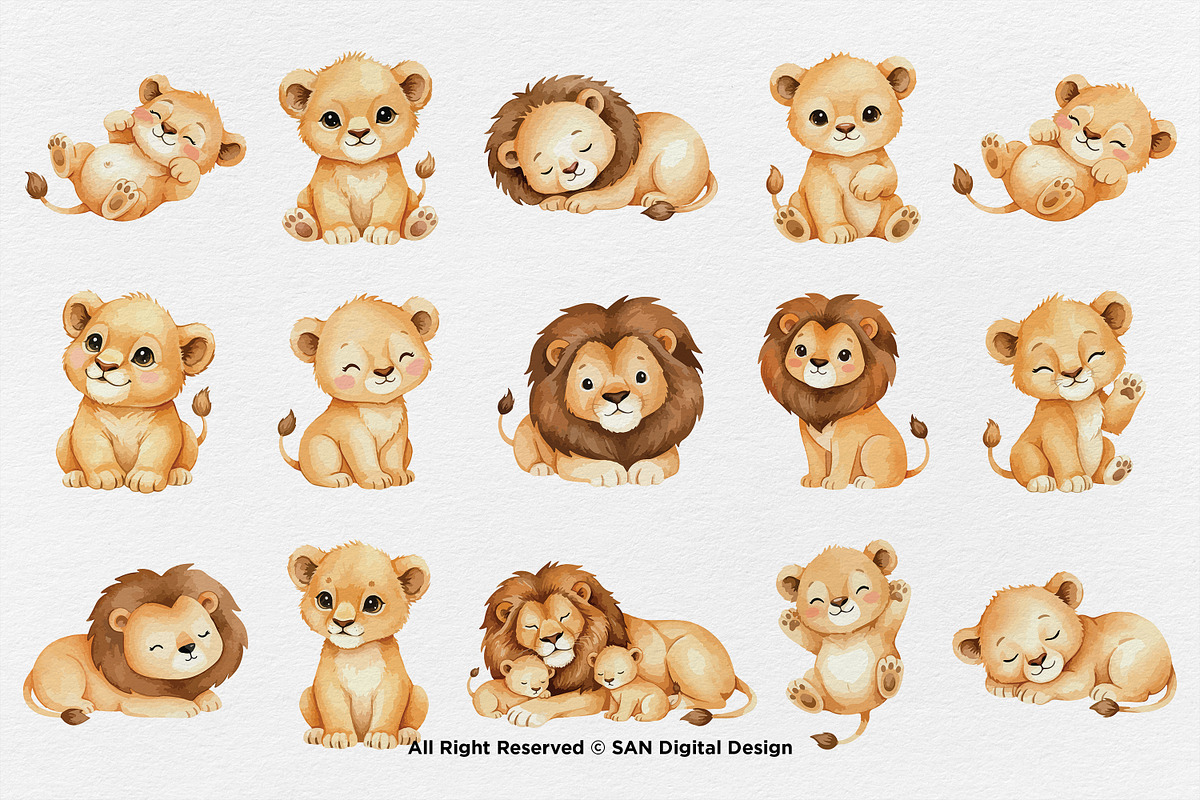 15 Bundle Watercolor Cute Lion Fam, an Animal Illustration by Morspective (Photo 8 of 8)