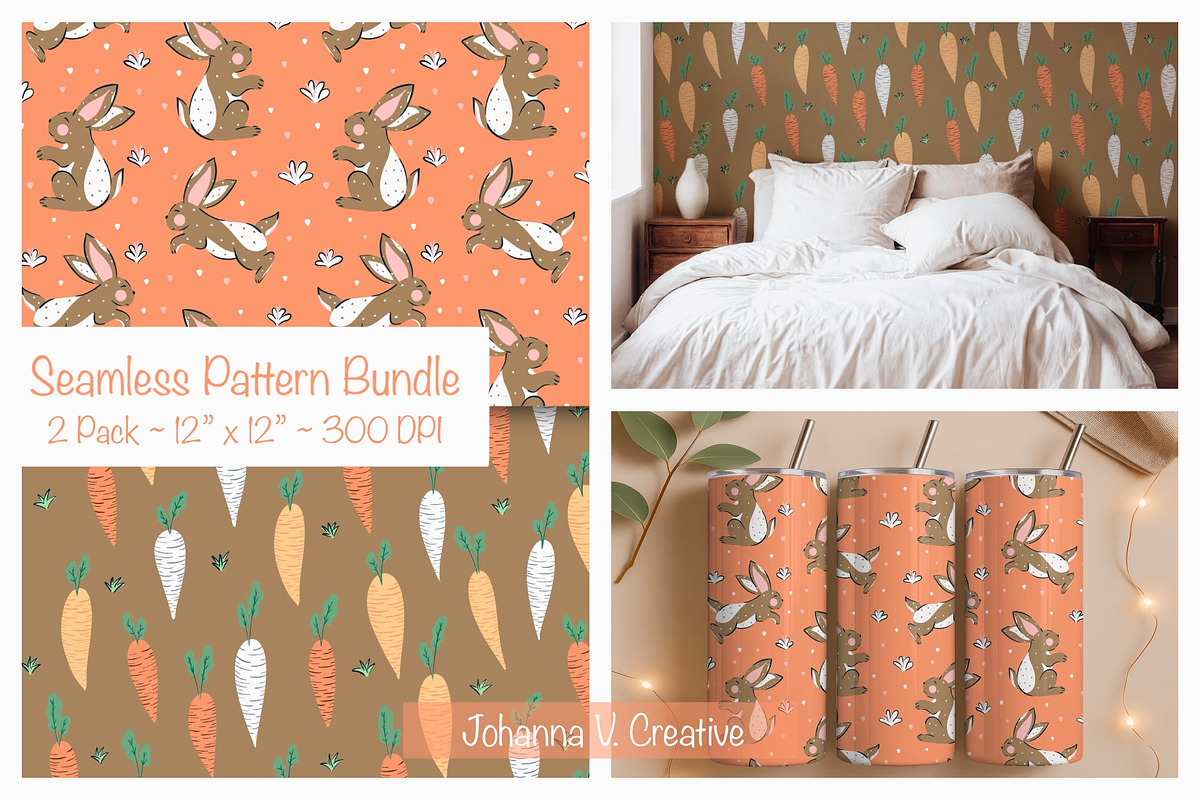 Spring Bunny & Carrot Pattern Set, an Illustration by Johanna V. Creative (Photo 1 of 3)