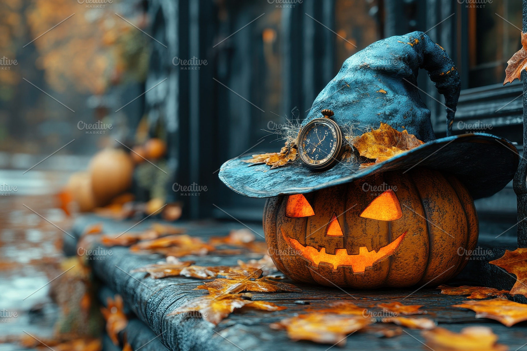 Autumn pumpkin with witch hat and cl, a Photo by Tanuart