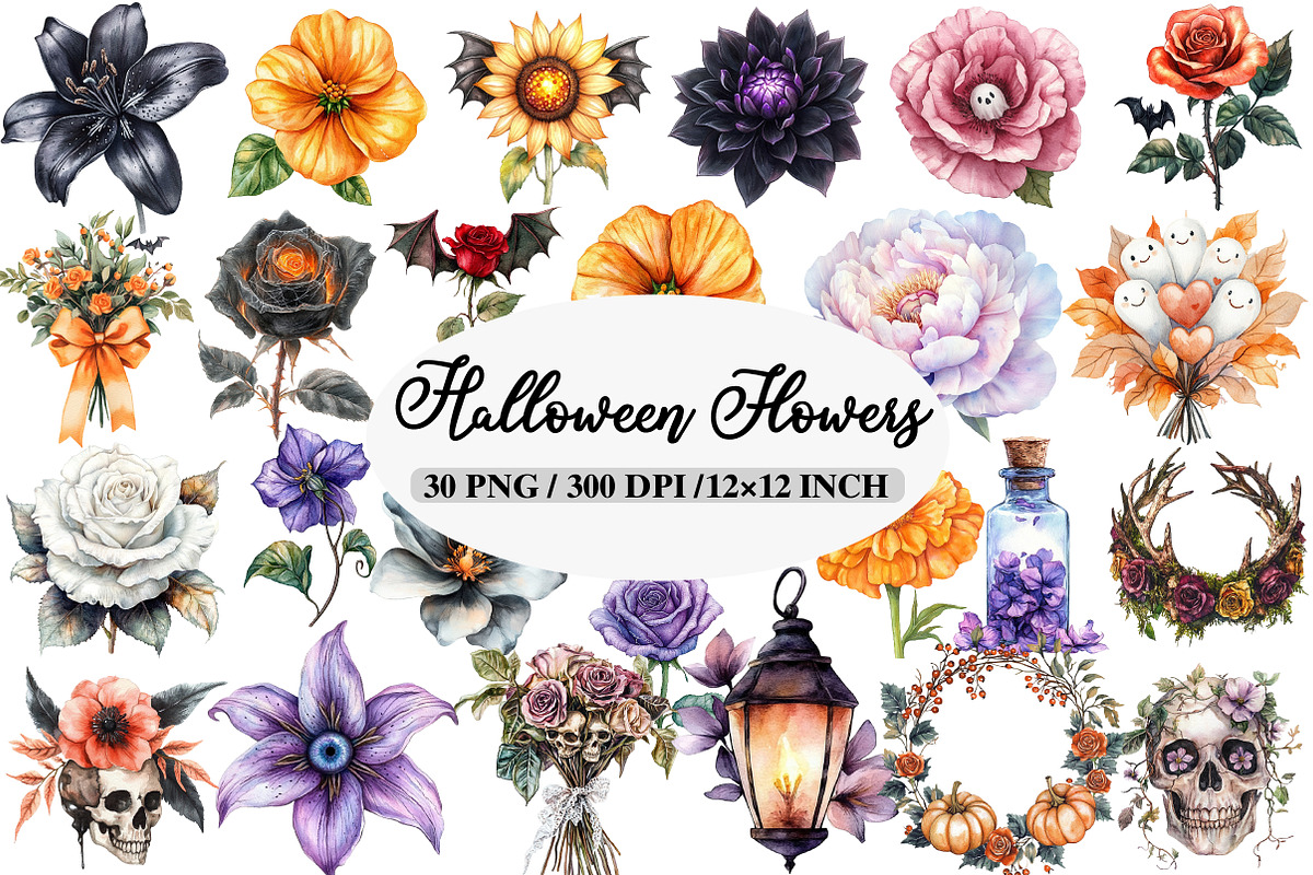 Halloween Flowers Clipart Bundle, an Illustration by Daily.Designs (Photo 1 of 5)