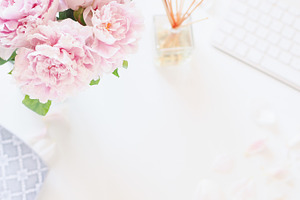Peonies desk styled stock flat photo containing marble, peonies, and desk