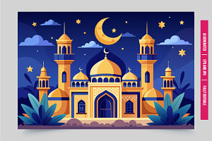 Mosque night moon and stars, an Illustration by Tanuart