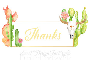 Watercolor Cactus And Skull Clipart