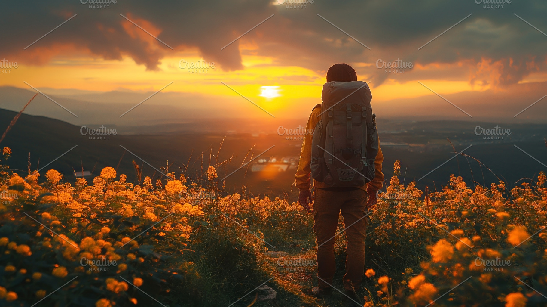 A solo male hiker watches a stunning sunset, surrounded by vibrant yellow flowe, a Person Photo by ImageMir