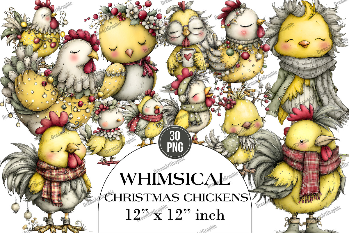 Whimsical Christmas Chickens Clipart, an Illustration by DreamArtGraphic (Photo 1 of 4)