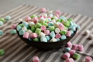 Fruity Colored Rainbow Marshmallows in a Bowl, low angle view., a Food & Drink Photo by LiudmylaChuhunova