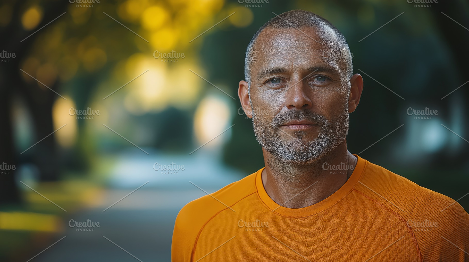 A confident middle-aged Caucasian man in an orange athletic shirt poses outdoor, a Person Photo by ImageMir