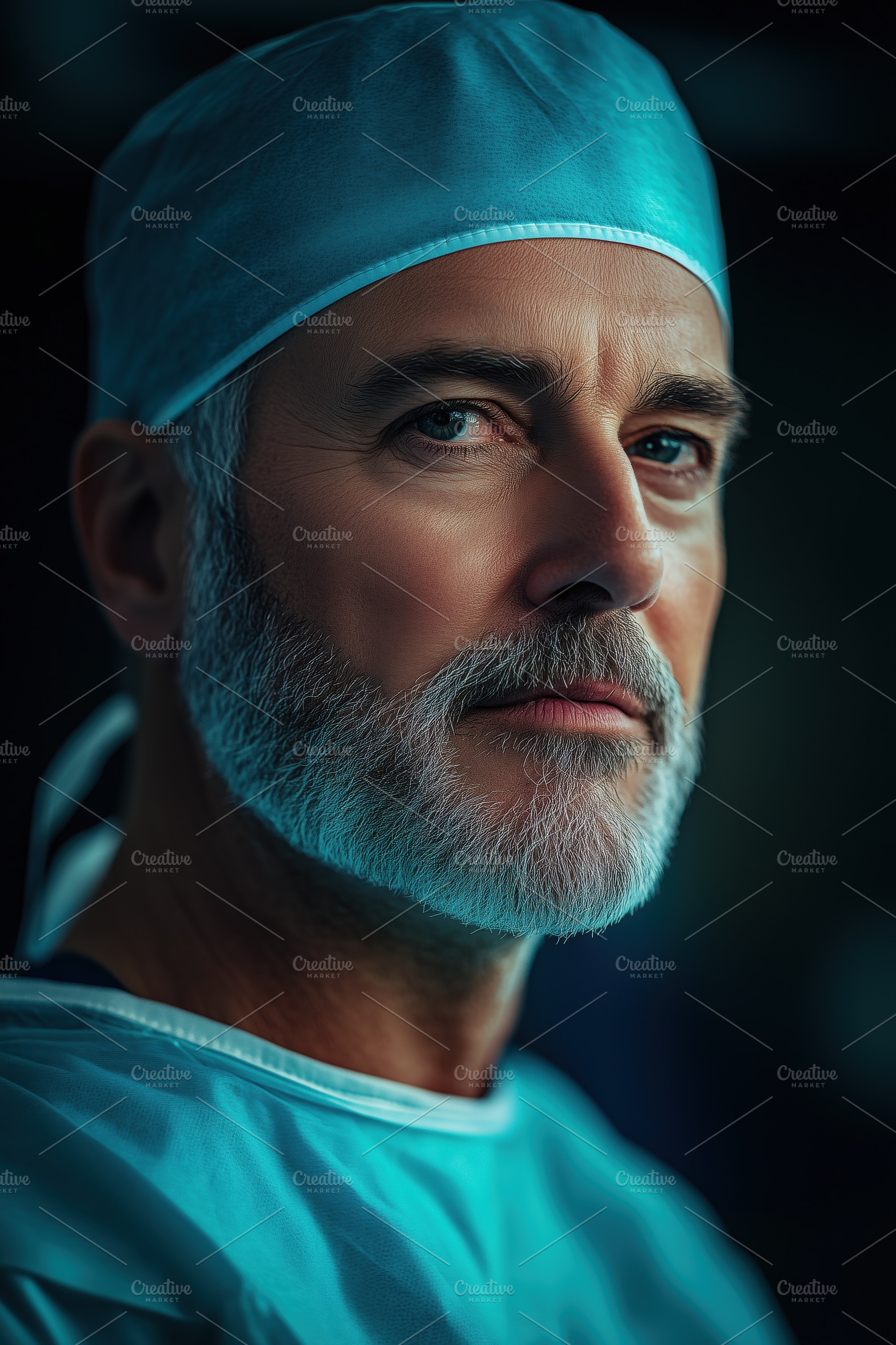 A close-up portrait of a mature neurosurgeon male surgeon wearing a surgical ca, a Person Photo by Textures & Backgrounds