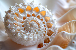 Close-up of a delicate white seashell with intricate patterns on a soft, wavy b, a Background Photo by ImageMir