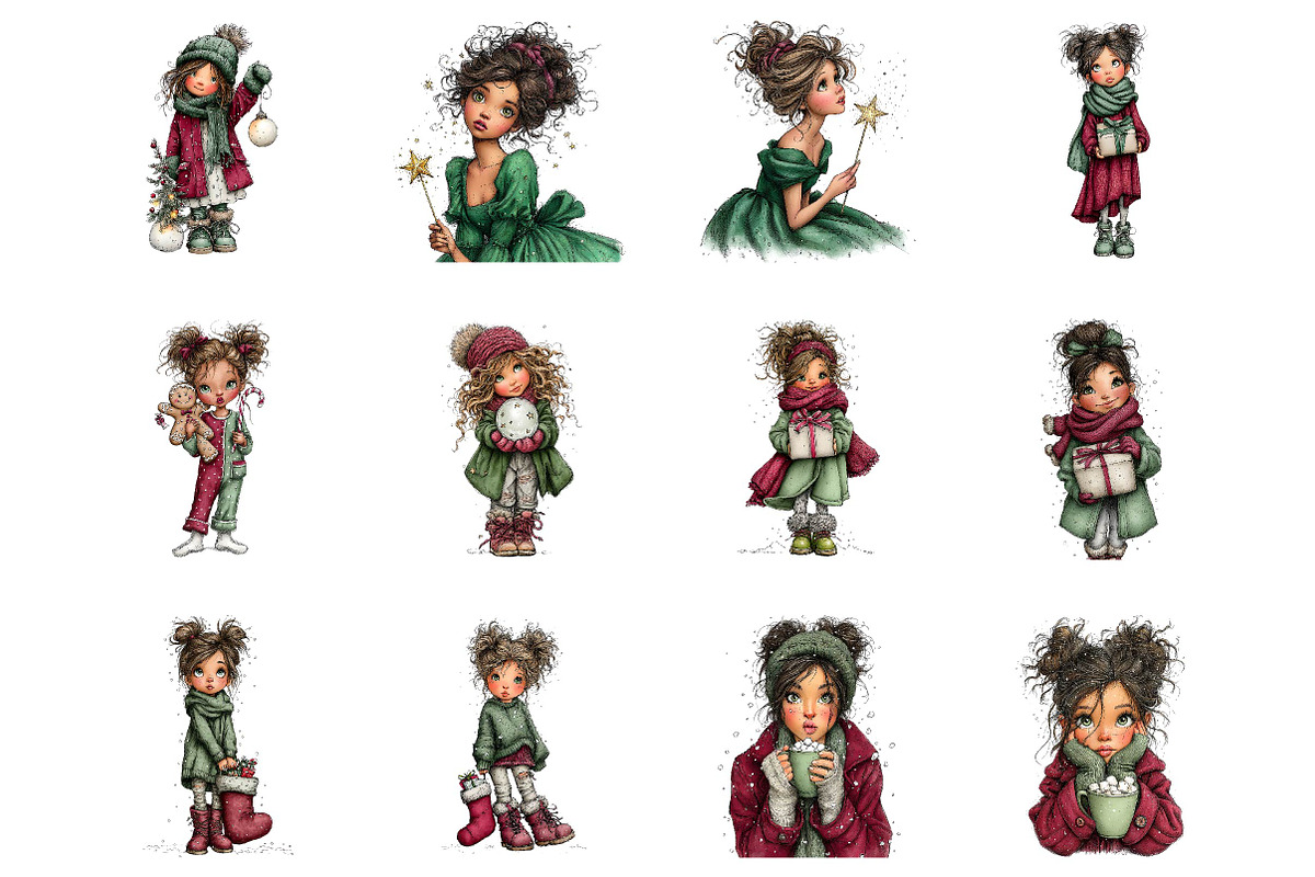 Whimsical Christmas Girl Clipart, a Seasonal Illustration by fashionaddict (Photo 5 of 7)