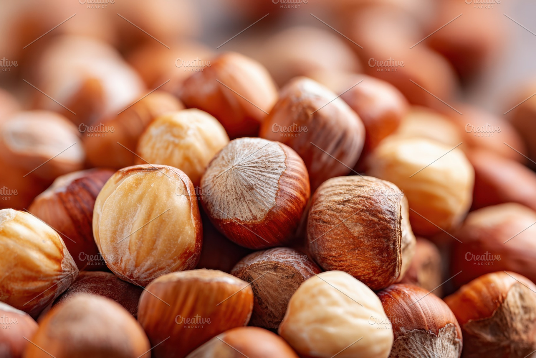 Close-up of hazelnuts in a pile, a Food & Drink Photo by AlyaAnd