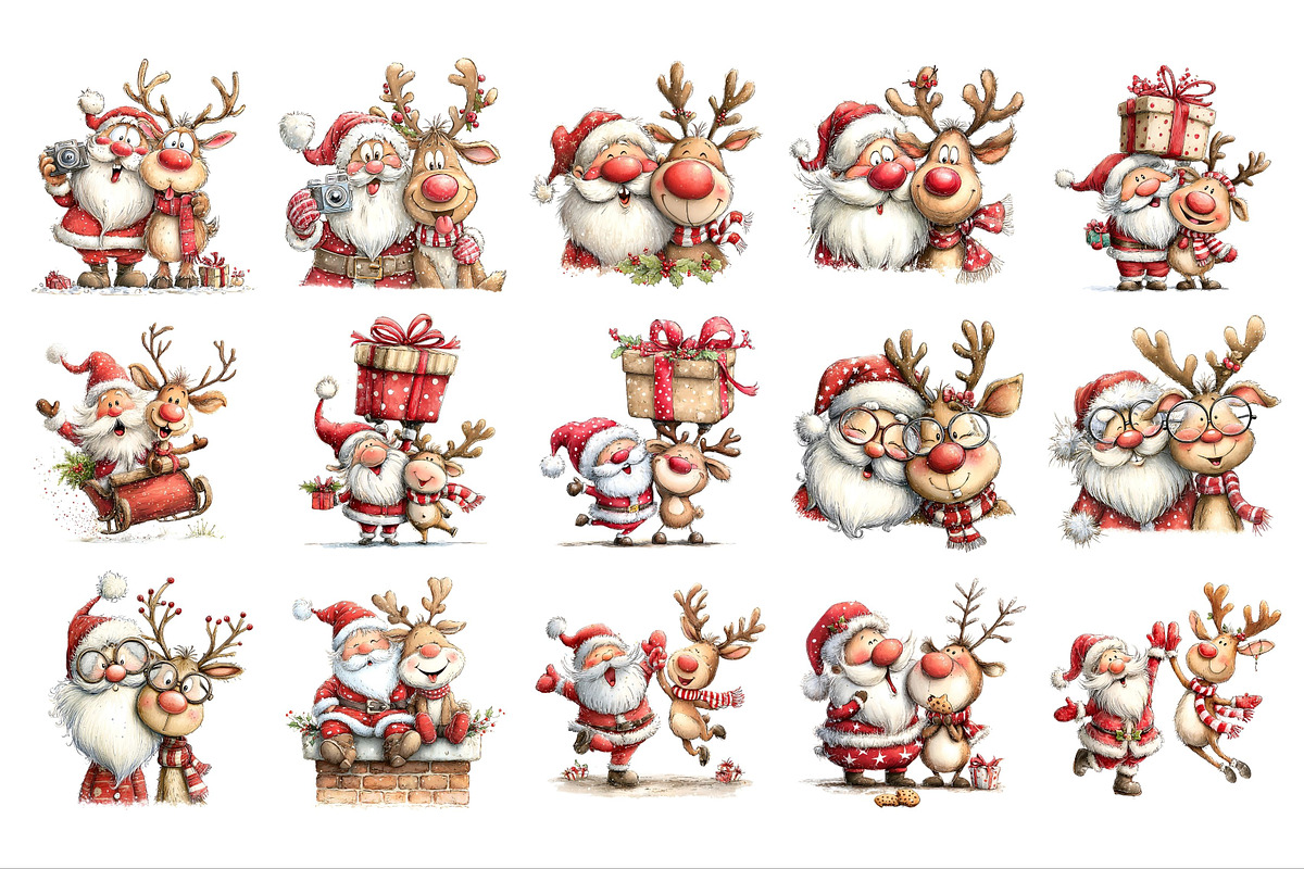 Funny Santa With Reindeer Clipart, a Seasonal Illustration by Nicolle's Colorful Art (Photo 2 of 4)